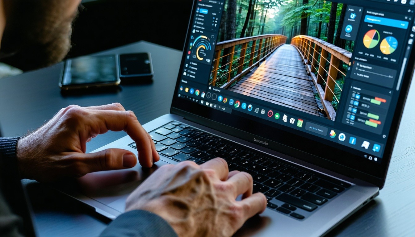 The focal point of the scene is a sleek laptop its keyboard alive with the movement of hands typing intently conveying a sense of purpose and engagement The screen illuminates the surrounding area with a soft cool glow highlighting the intricate deta